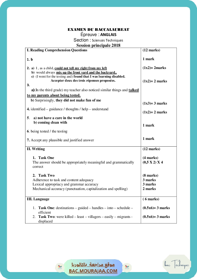 Corrigé principale anglais Bac 2018 – Section technique